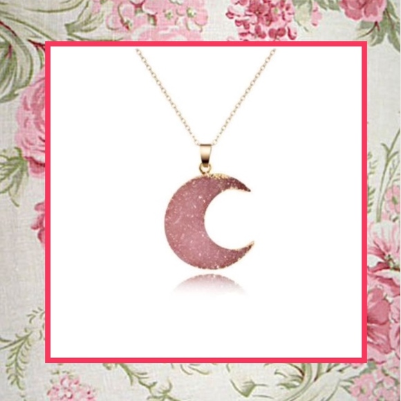 🌸PINK GOLD DRUZY HALF MOON 18" NECKLACE CHAIN LUV - Picture 6 of 7